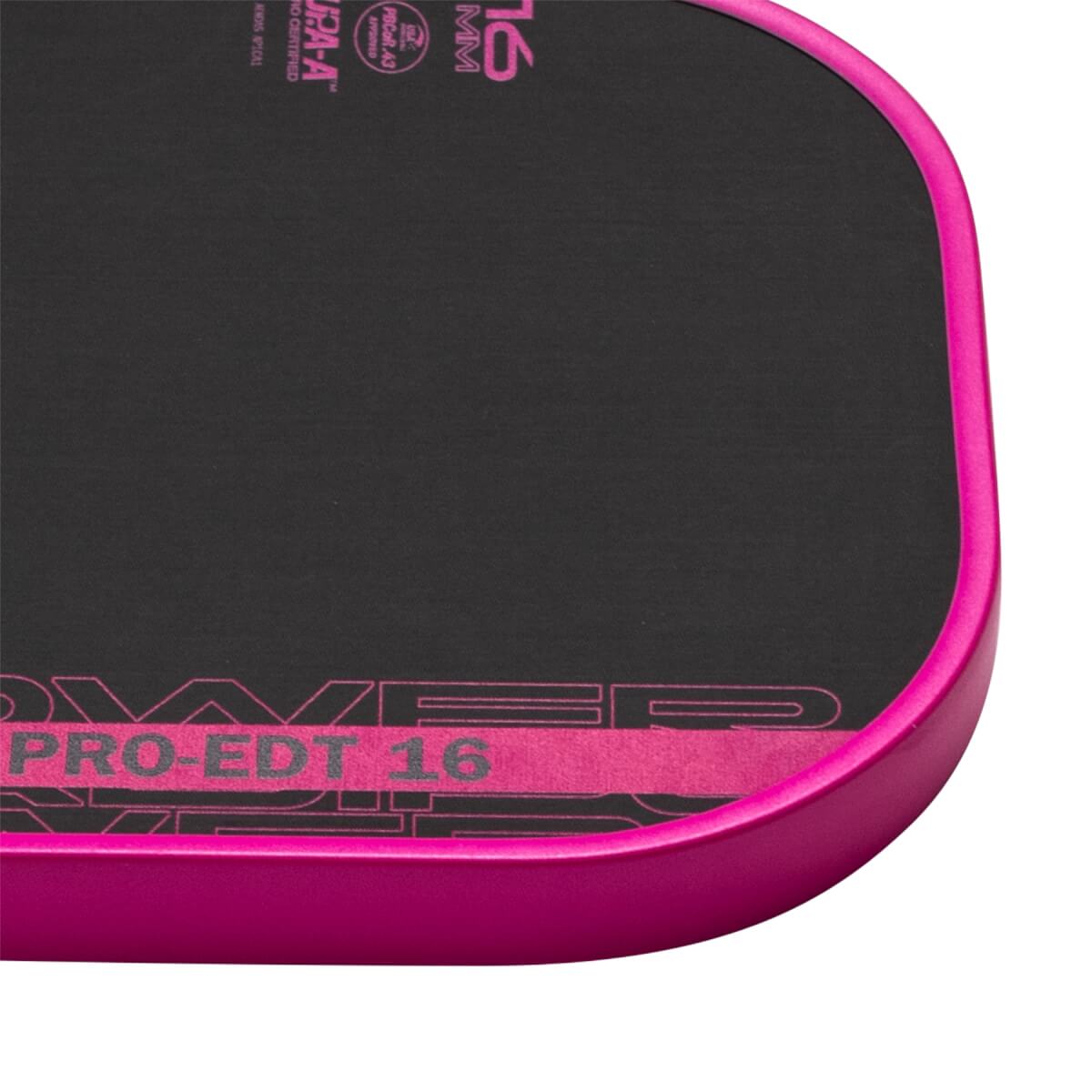 Close-up of a black textured pickleball paddle with a bright pink edge guard and PRO-EDT 16 text.