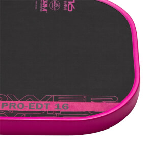 Close-up of a black textured pickleball paddle with a bright pink edge guard and PRO-EDT 16 text.