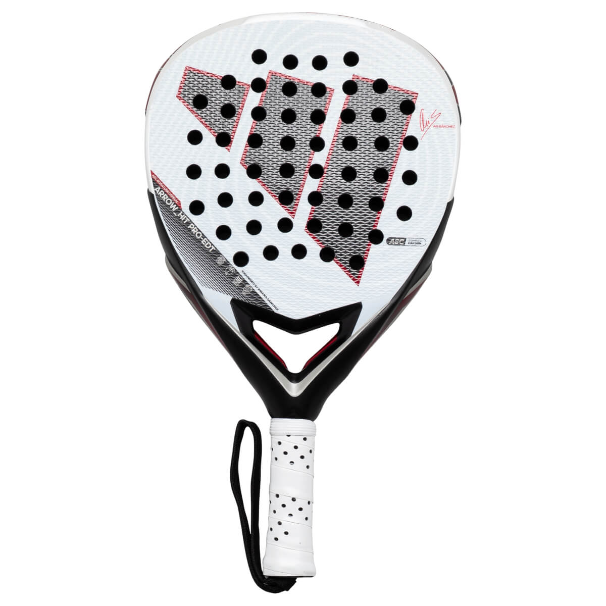 Front view of the adidas Arrow Hit CTRL PRO EDT Padel Racket showing the white face with black dots, red accents, and the adidas logo.