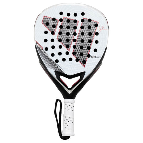 Front view of the adidas Arrow Hit CTRL PRO EDT Padel Racket showing the white face with black dots, red accents, and the adidas logo.