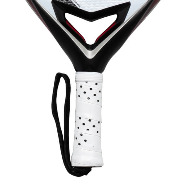 Close-up of the grip and lower head of the adidas Arrow Hit CTRL PRO EDT Padel Racket, showing the white perforated grip and the word "SANCHEZ".