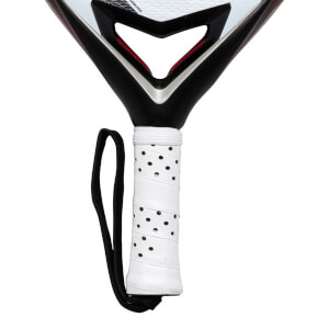 Close-up of the grip and lower head of the adidas Arrow Hit CTRL PRO EDT Padel Racket, showing the white perforated grip and the word "SANCHEZ".