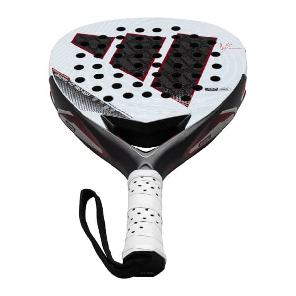Top-down view of the adidas Arrow Hit CTRL PRO EDT padel racket, showing the white face with black and red accents, and the white grip.