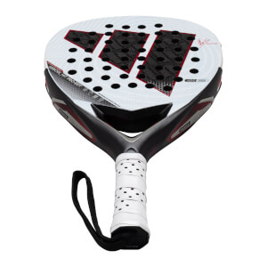 Top-down view of the adidas Arrow Hit CTRL PRO EDT padel racket, showing the white face with black and red accents, and the white grip.