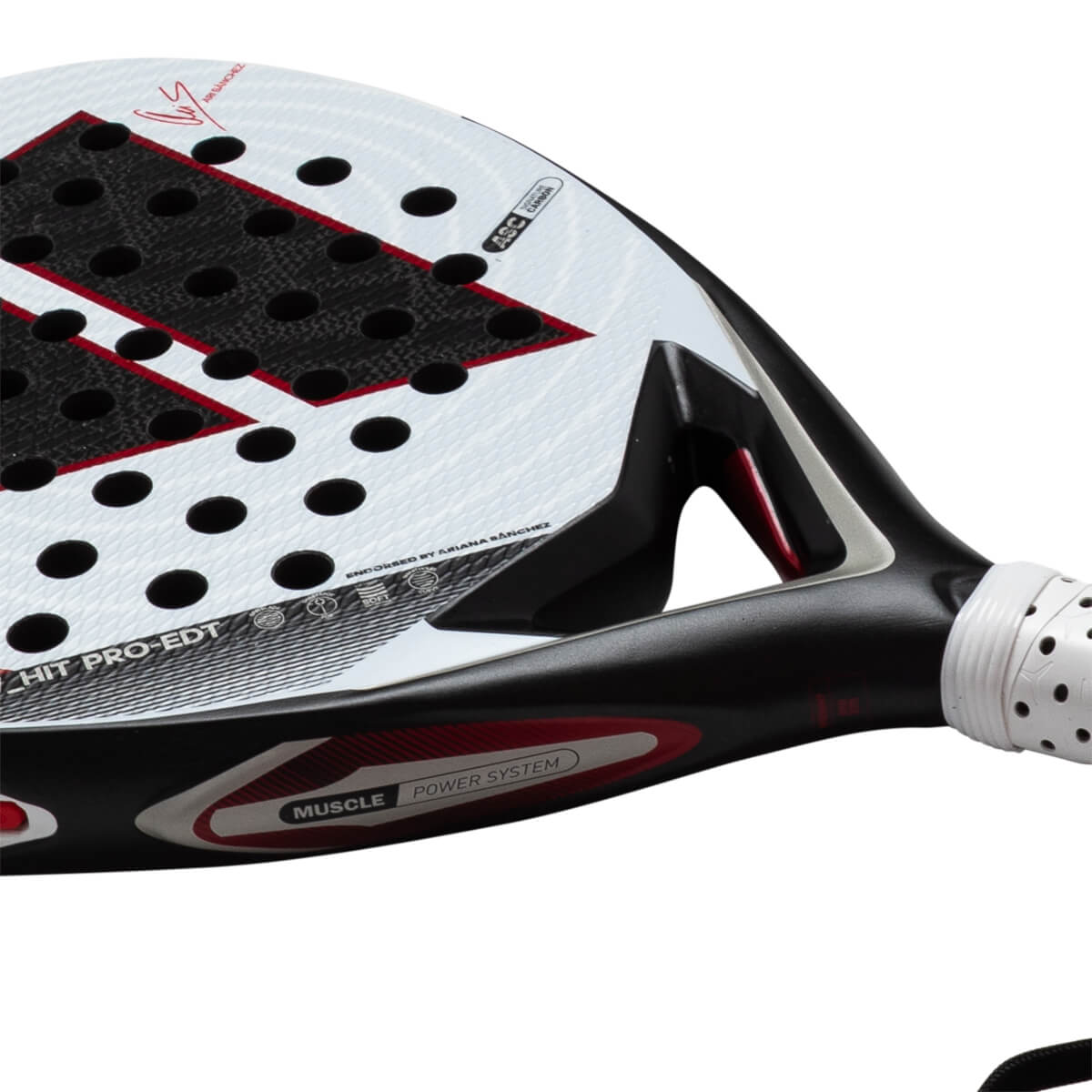 Corner view of the adidas Arrow Hit CTRL PRO EDT padel racket showing the black grip, white face with red accents, and "MUSCLE POWER SYSTEM" text.