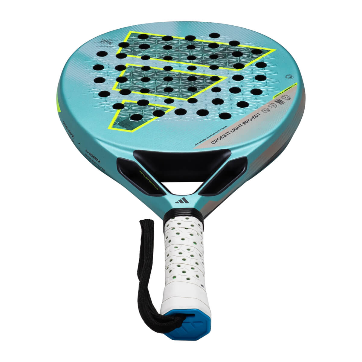 Top-down view of the adidas Cross It Light PRO EDT padel racket, showing the teal face with yellow accents and black grip.