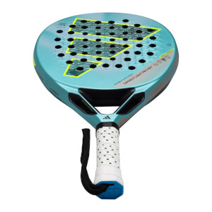 Top-down view of the adidas Cross It Light PRO EDT padel racket, showing the teal face with yellow accents and black grip.