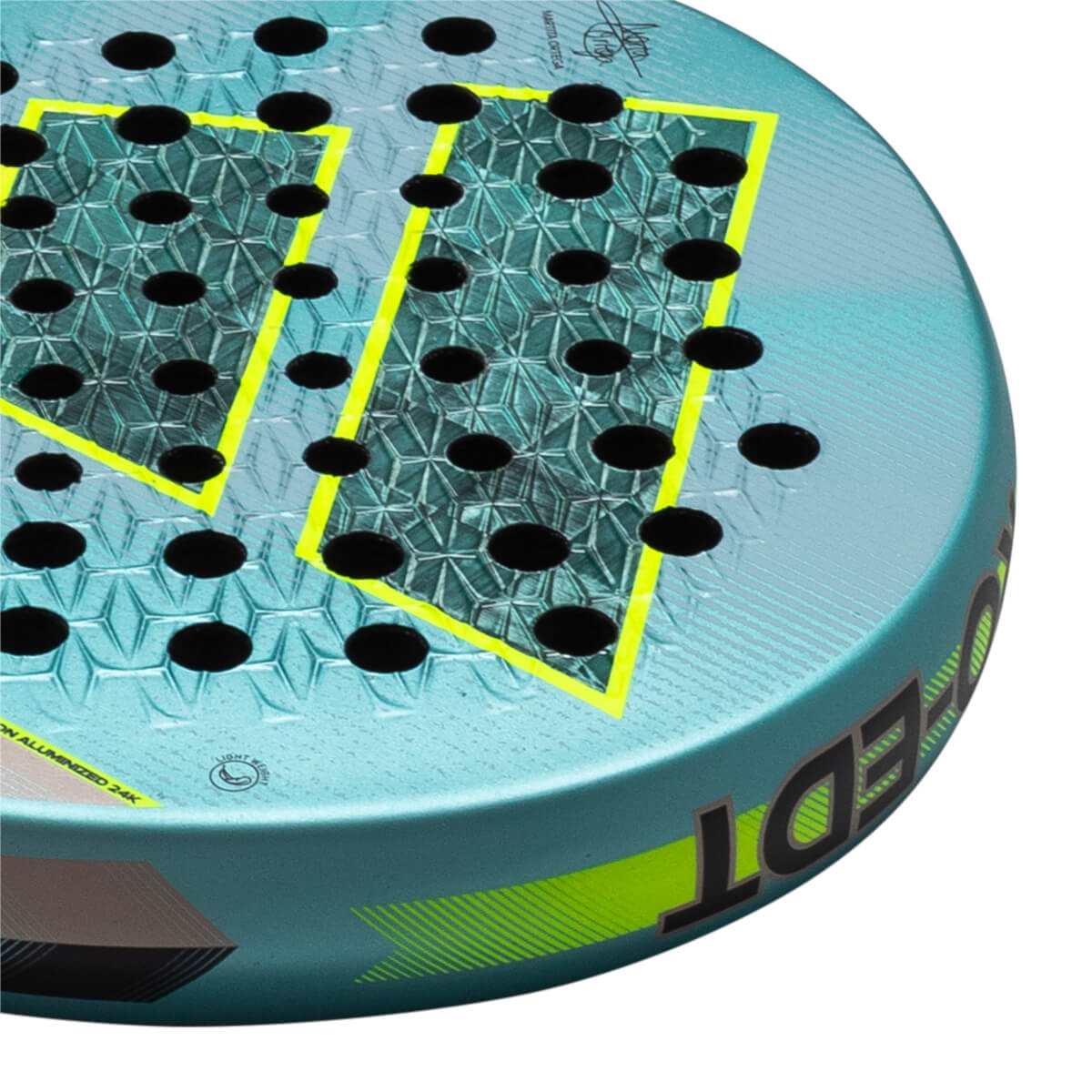 Corner view of the adidas Cross It Light PRO EDT Padel Racket showing the teal surface with yellow accents, black holes, and "EDT" text.