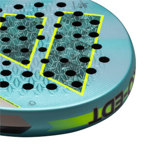 Corner view of the adidas Cross It Light PRO EDT Padel Racket showing the teal surface with yellow accents, black holes, and "EDT" text.