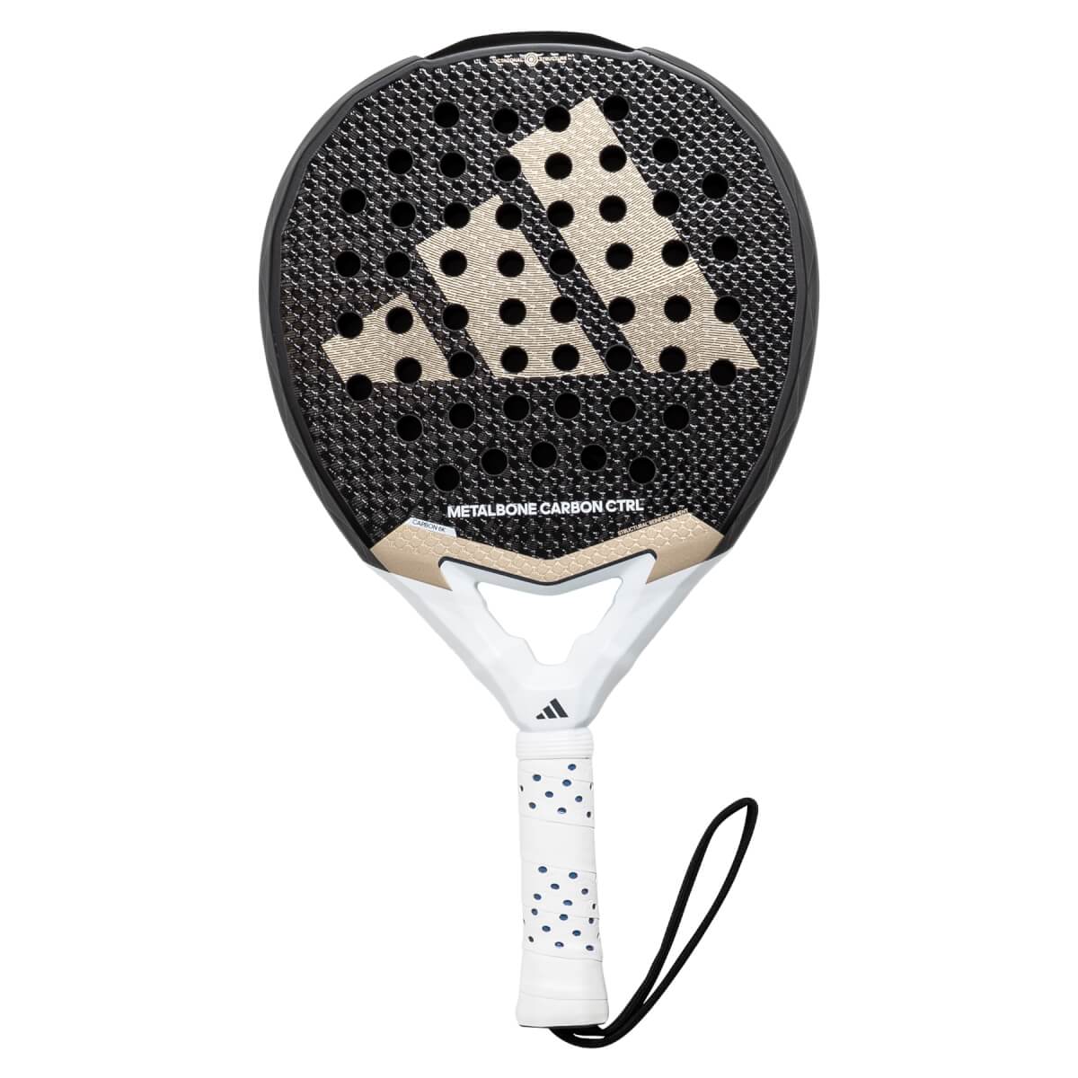 Front view of a black padel racket with gold Adidas logo and METALBONE CARBON CTRL text.