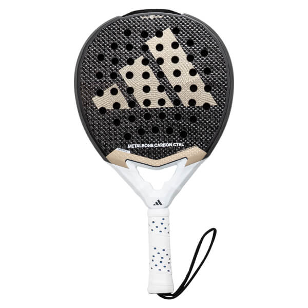 Front view of a black padel racket with gold Adidas logo and METALBONE CARBON CTRL text.