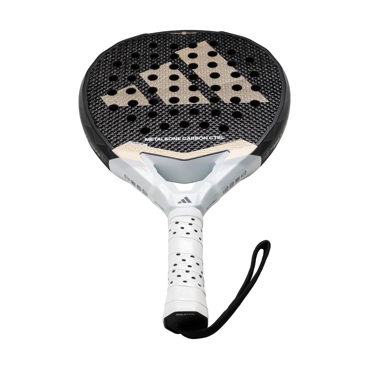 Front view of a black and white padel racket with a large Adidas logo and METALBONE CARBON CTRL text.