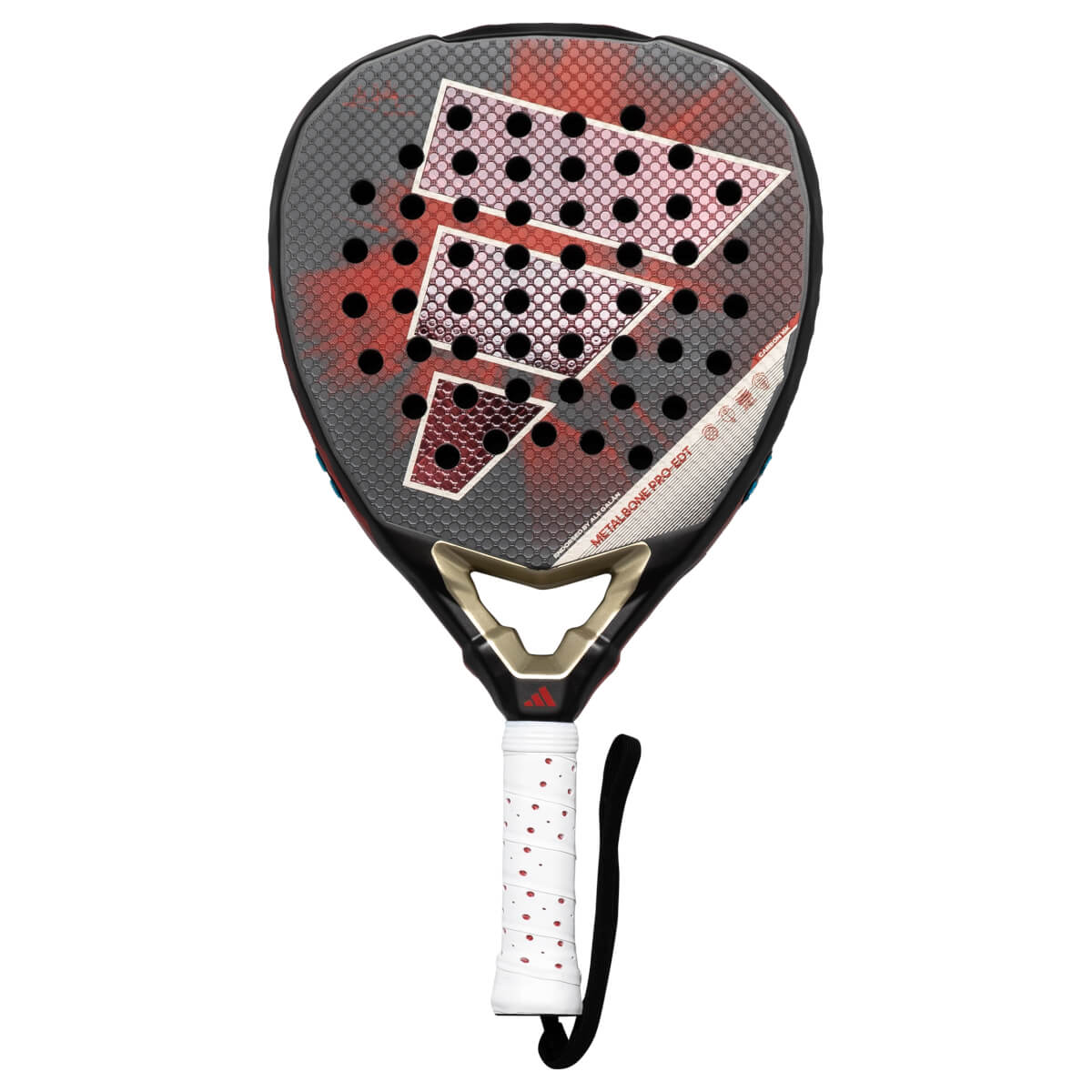 Front view of the adidas Metalbone Pro EDT padel racket with a red and black design, featuring the Adidas logo and "METALBONE PRO-EDT" text.