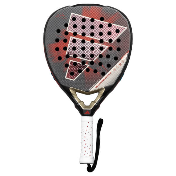 Front view of the adidas Metalbone Pro EDT padel racket with a red and black design, featuring the Adidas logo and "METALBONE PRO-EDT" text.
