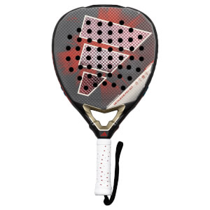 Front view of the adidas Metalbone Pro EDT padel racket with a red and black design, featuring the Adidas logo and "METALBONE PRO-EDT" text.