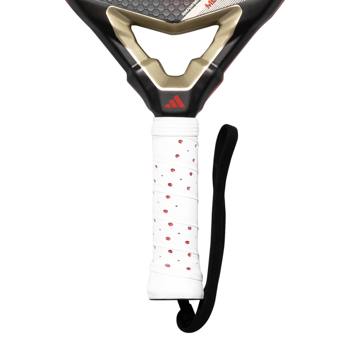 Close-up of the grip and lower head of the adidas Metalbone Pro EDT, showing the white grip with red dots and the "MB" logo.