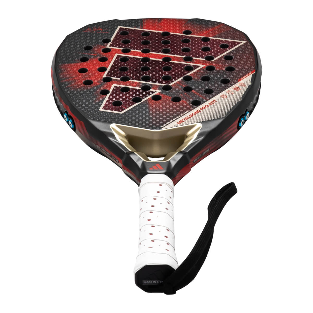Front view of the adidas Metalbone Pro EDT padel racket, featuring a red and black design with the iconic three stripes and "METALBONE PRO EDT" text.