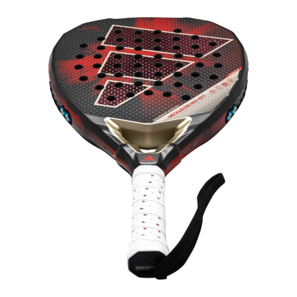 Front view of the adidas Metalbone Pro EDT padel racket, featuring a red and black design with the iconic three stripes and "METALBONE PRO EDT" text.