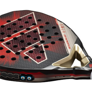 Corner view of the adidas Metalbone Pro EDT Padel Racket showing the red and black textured surface, white geometric pattern, and "METALBONE PRO-EDT" text.