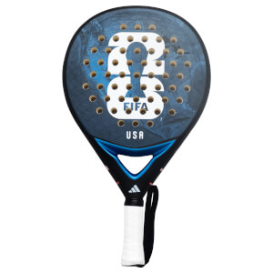 Front view of a blue marble padel racket featuring a white "26", the FIFA logo, and "USA" text above an Adidas logo and white handle grip.