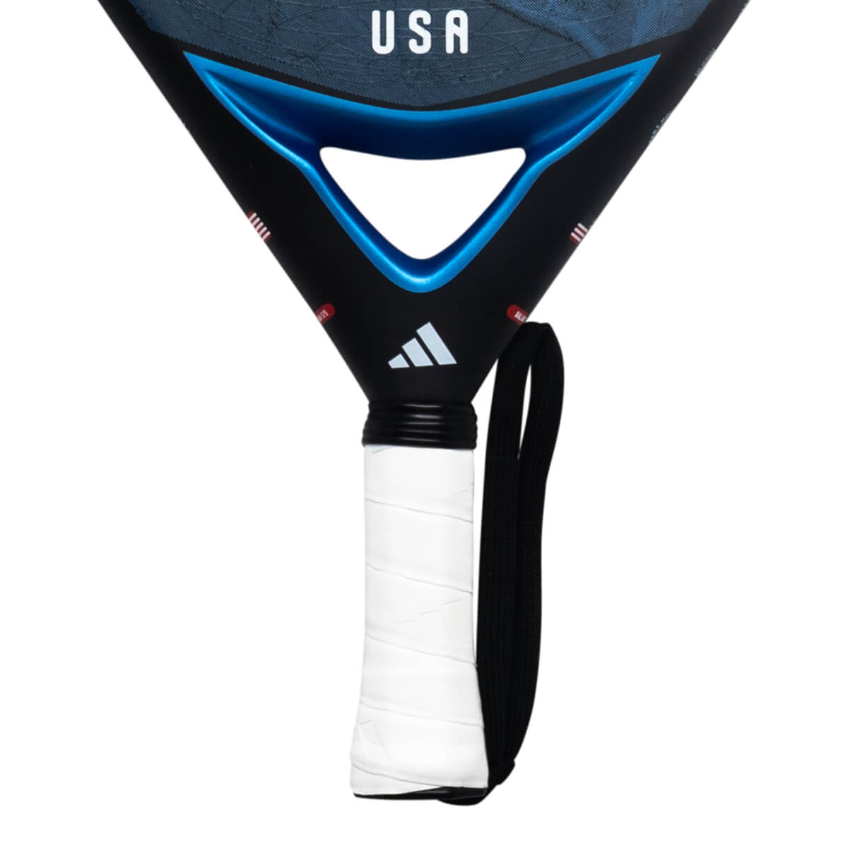 Close-up of the black Adidas padel racket bridge and handle, featuring metallic blue accents, the word "USA," and a white wrapped grip.
