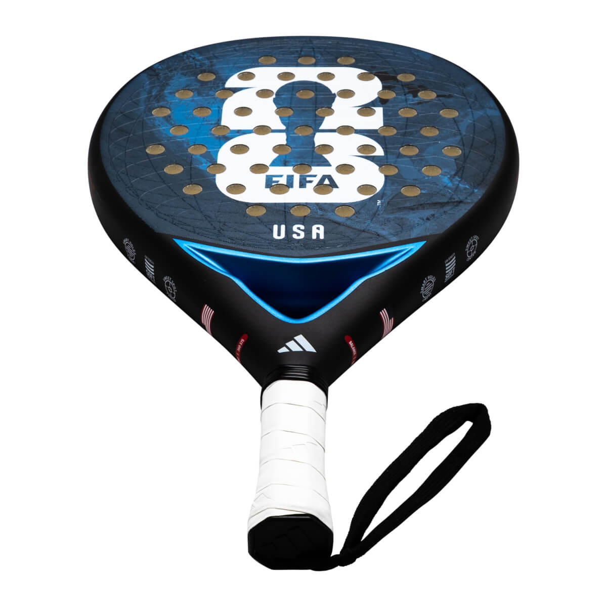 Front view of a blue and black padel racket featuring a white 26 and FIFA USA logo on the face, a white grip handle, and a black wrist strap.