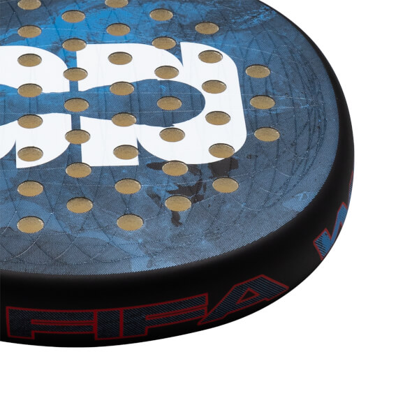 Close-up of a blue padel racket's face with white PRO text and gold-lined holes, featuring a black frame with red FIFA lettering.