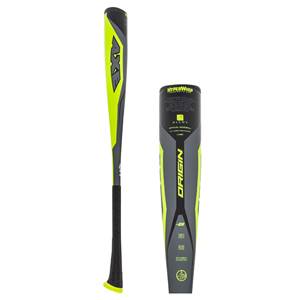 Side view of a grey and yellow baseball bat with AXE branding and a black grip.