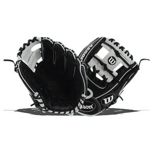 Top-down view of black and white Wilson A2000 baseball gloves with A2000 and Wilson text.