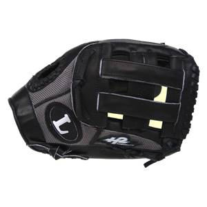 Side view of a black baseball glove with white L logo and H2 Hybrid Lite text.