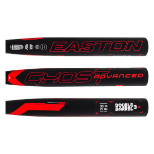 Side view of a black fastpitch softball bat barrel with red Easton and Ghost Advanced logos, and 33 IN 25 OZ DOUBLE BARREL 3 text.