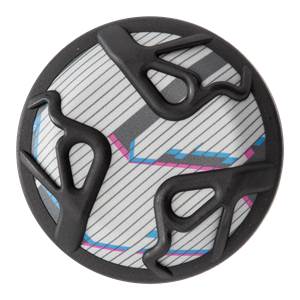 End cap view of a black baseball bat with a white, grey, pink, and blue striped pattern.