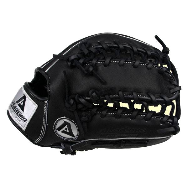 Side view of a black baseball glove with white stitching and Akadema logo.
