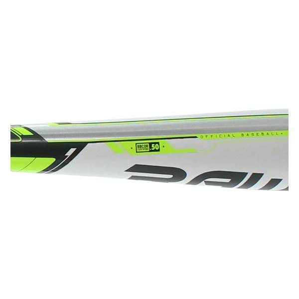 Side view of a white baseball bat with green accents, OFFICIAL BASEBALL text, and BBCOR .50 certification.