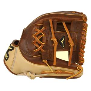Side view of a brown and tan fastpitch glove with tan lacing and a Mizuno logo.
