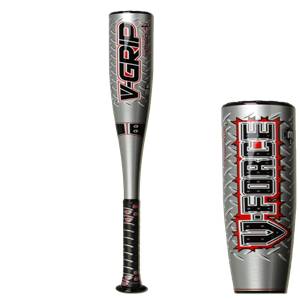Front view of a silver baseball bat with V-GRIP and Mattingly branding, and a black grip.