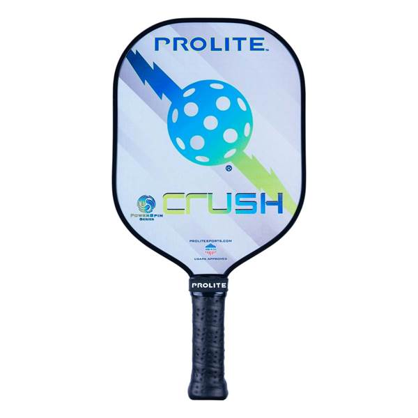 Front view of a white pickleball paddle with a blue pickleball graphic, CRUSH text, and PROLITE branding.