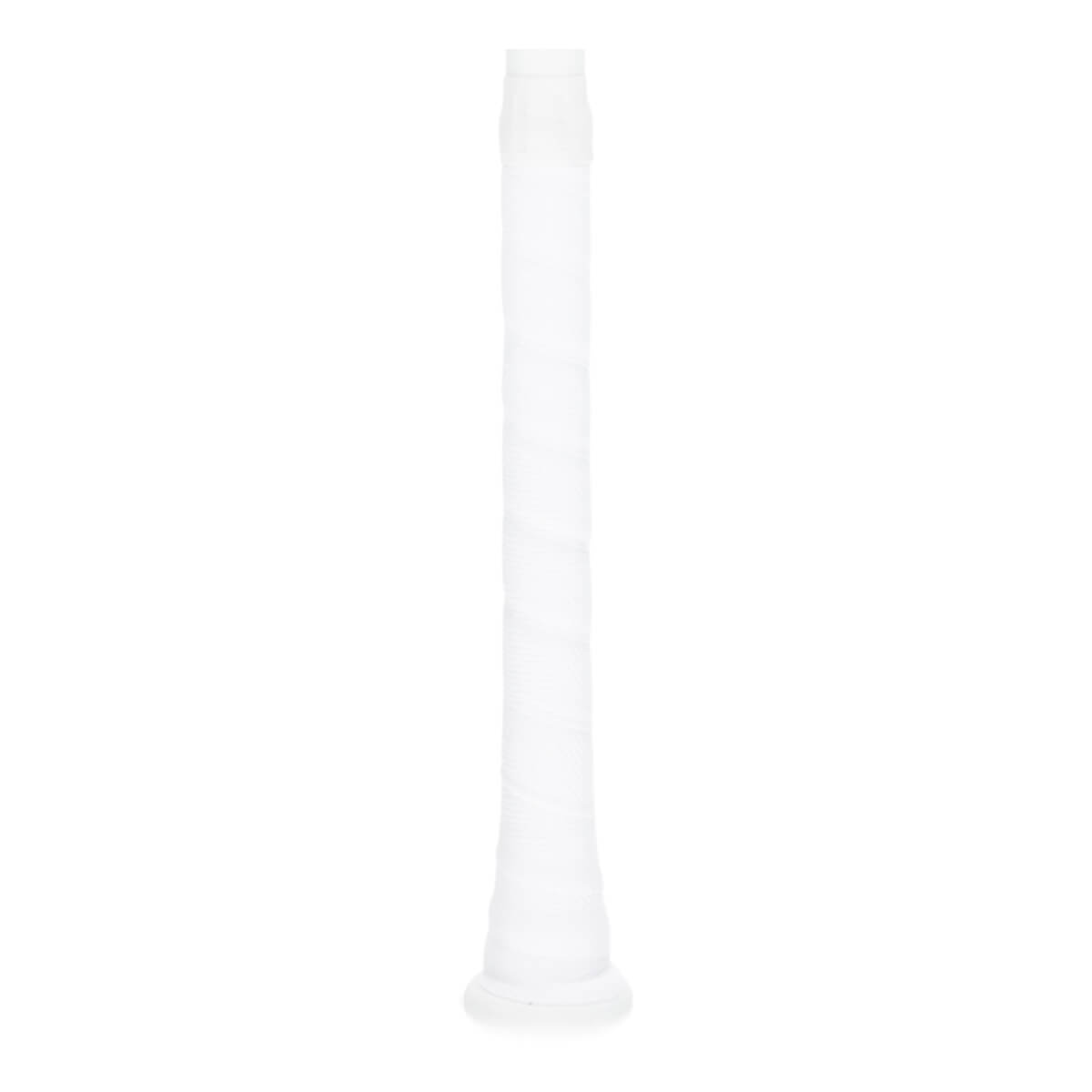 Close-up of a white baseball bat grip with a textured, wrapped surface and a flared knob.