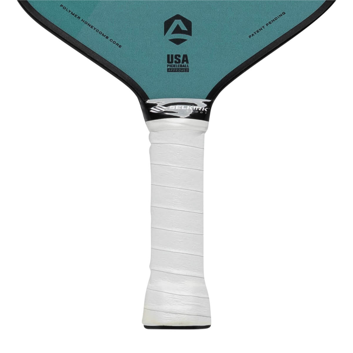 Top-down view of a teal pickleball paddle with white grip, Selkirk logo, and USA Pickleball Approved text.
