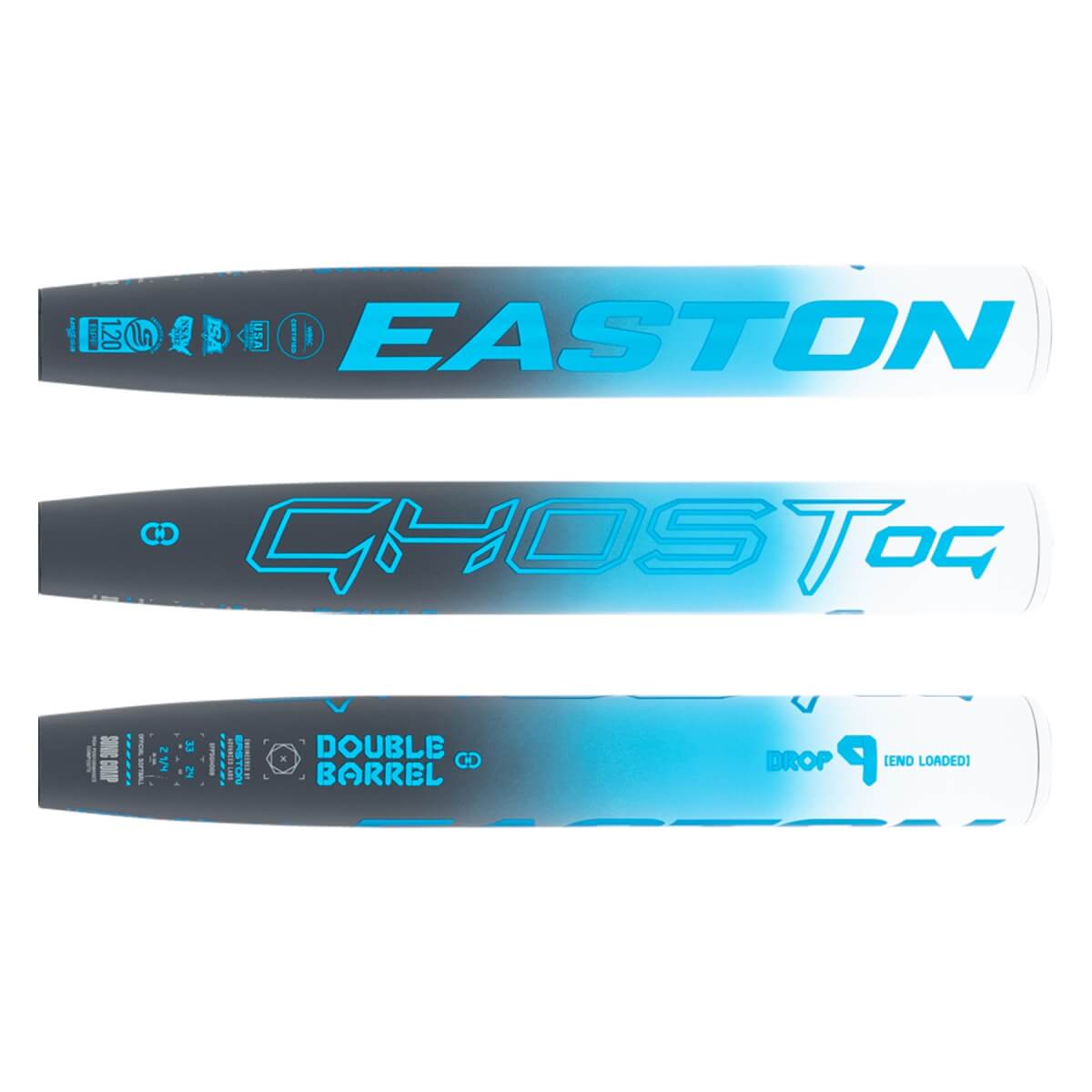 Side view of gray, blue, and white softball bat barrel sections with EASTON, GHOST OG, and DOUBLE BARREL text.