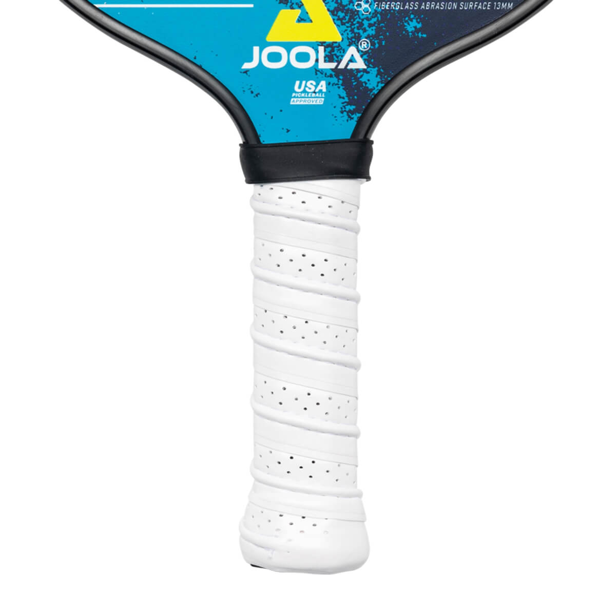 Close-up of a white pickleball paddle grip with perforations and the JOOLA logo.