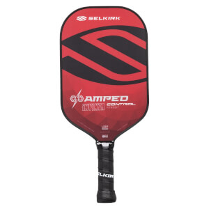 Front view of a red and black Selkirk pickleball paddle with a large black S design and AMPED INVIKTA text.