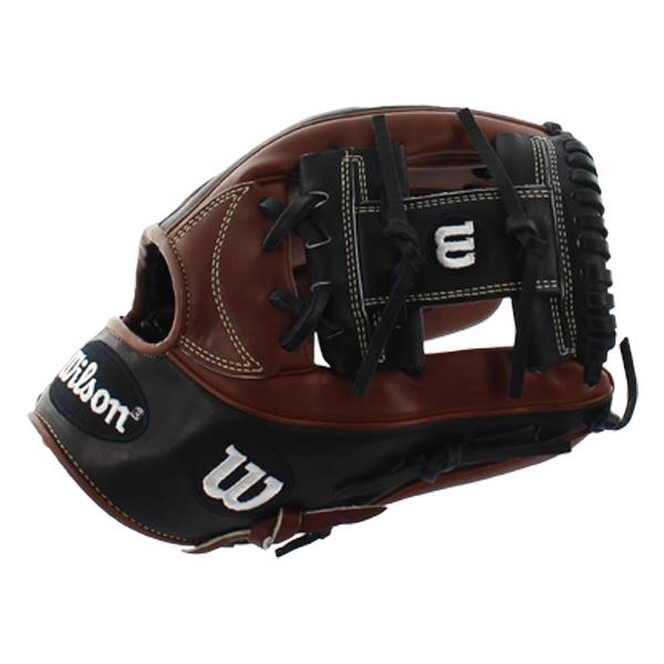 Side view of a brown and black baseball glove with white stitching and Wilson logo.