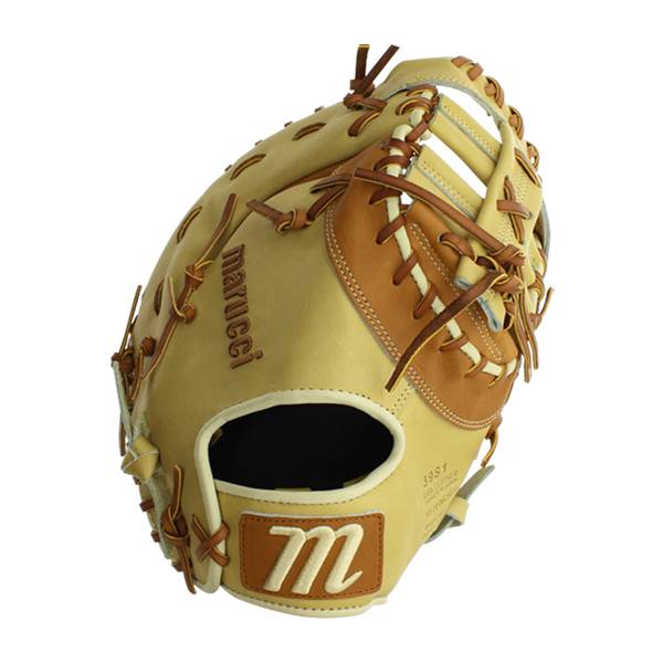 Corner view of a tan and brown first base mitt with marucci text and an m logo.