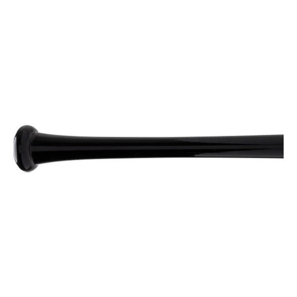Side view of a black baseball bat with a glossy finish, showing the flared knob and tapered handle.