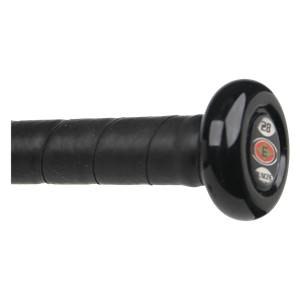 Close-up of a black softball bat end cap with 28, E, and UNCES visible.