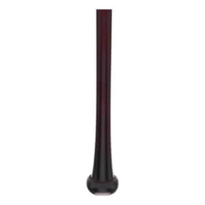 Side view of a mahogany and black baseball bat with a tapered handle and a rounded knob.