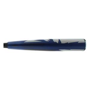 Side view of a blue baseball bat with white lightning bolt graphics.