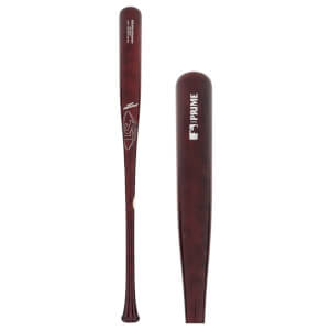 Full and close-up view of a dark reddish-brown baseball bat with the LS logo, PRIME, and MLB logo.