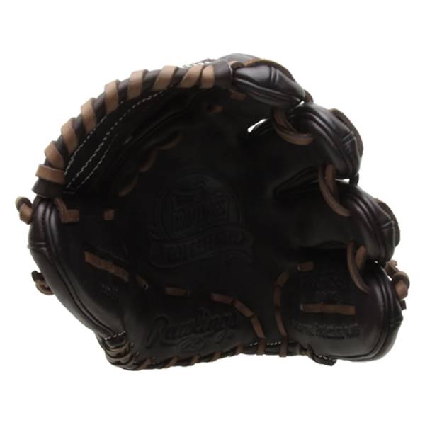 Top-down view of a brown Rawlings baseball glove with PRO PREFERRED embossed on the palm.
